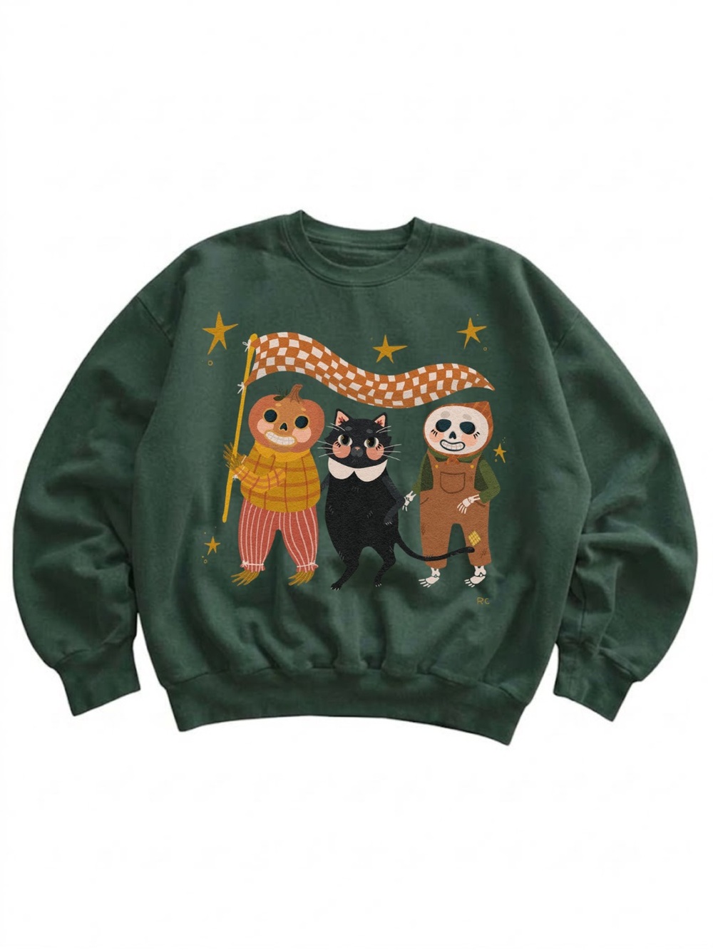 Gildan Dark Green Crewneck Sweater with Festive Character Print